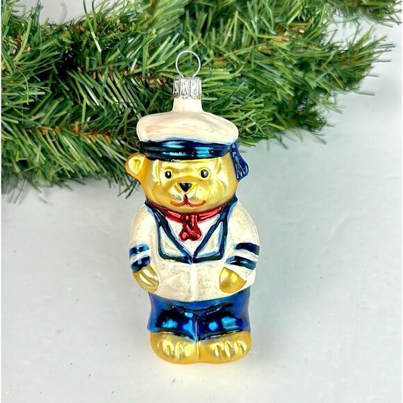 Navy Teddy Bear Glass Christmas Ornament made in Germany Hand Painted - Picture 1 of 9